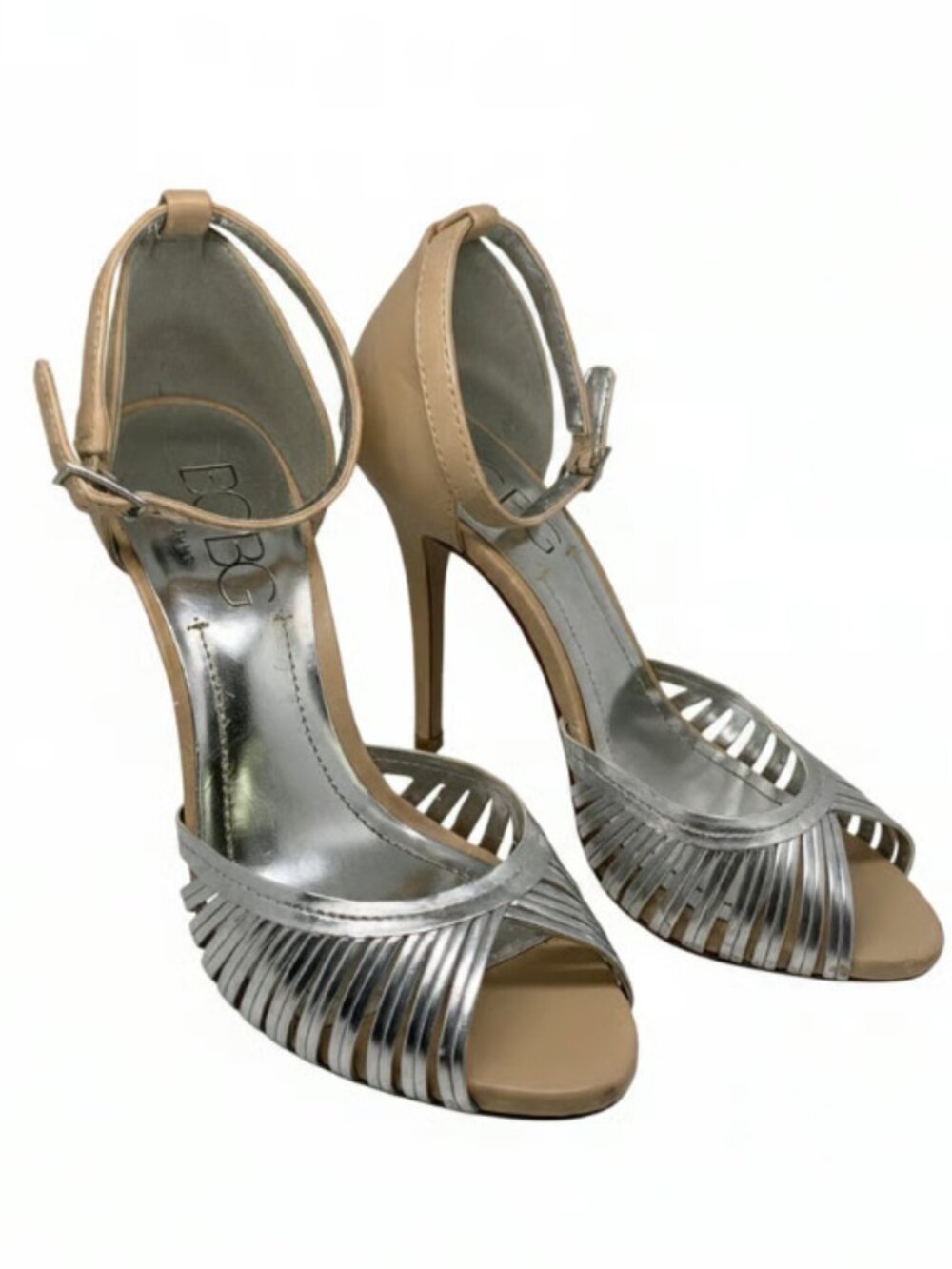 BCBGeneration Silver and Nude Ankle-Strap Stiletto Sandals